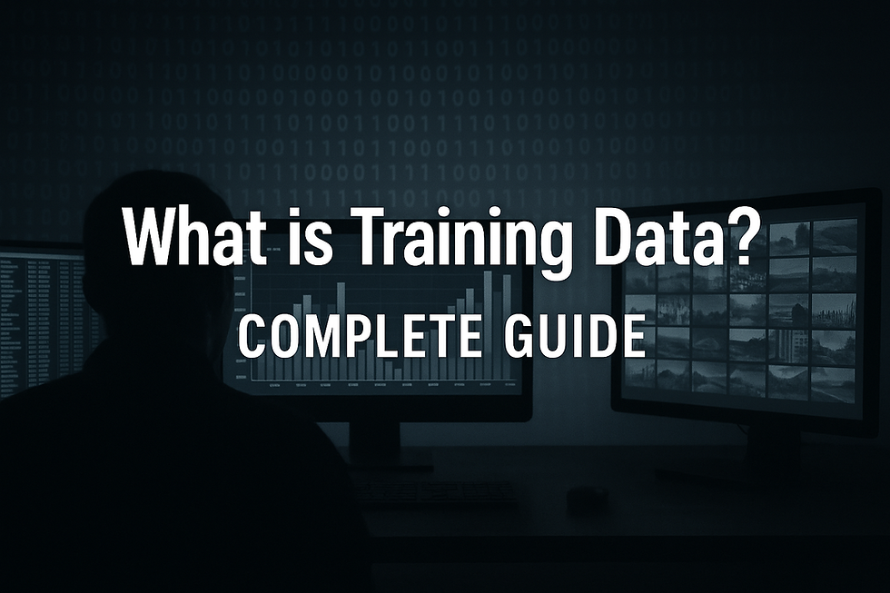 Silhouetted person analyzing AI training data on multiple monitors displaying charts, image grids, and binary code, with bold text overlay reading "What is Training Data? COMPLETE GUIDE" — ultra-realistic digital image representing AI learning foundations and data preparation concepts.