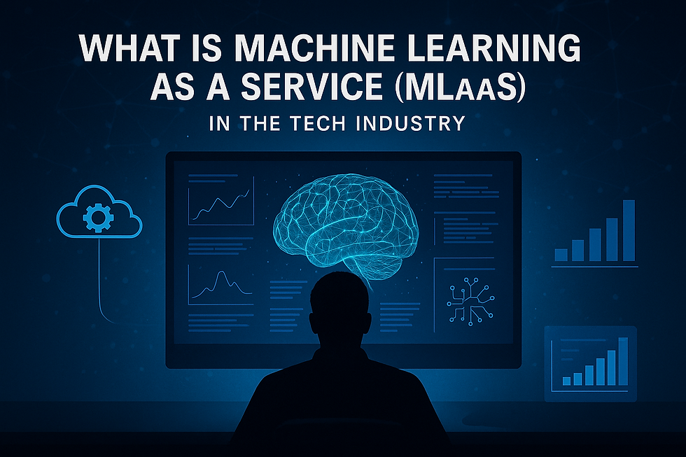 Ultra realistic illustration of Machine Learning as a Service (MLaaS) in the tech industry showing a silhouetted person in front of a computer screen with a glowing digital brain, cloud computing icon, charts, and neural network graphics representing AI, cloud ML, and data analytics.