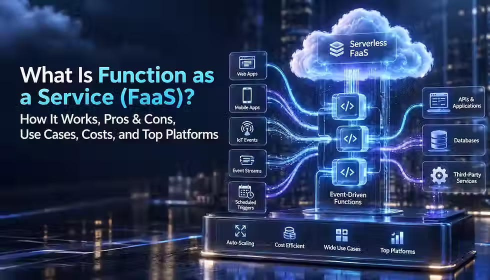 FaaS serverless architecture with event-driven cloud functions, APIs, databases, and auto-scaling.