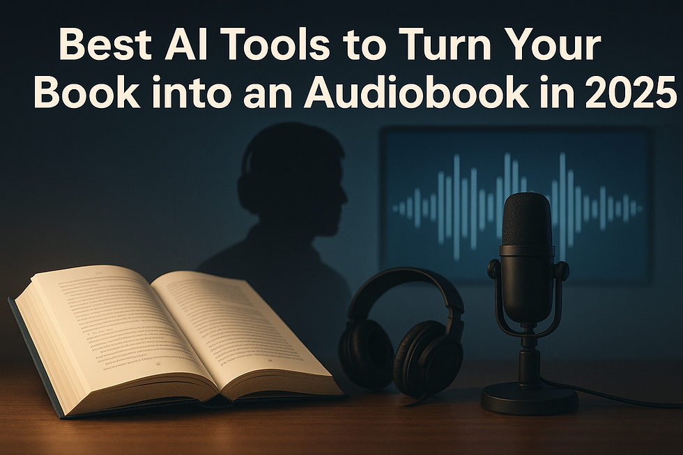 Ultra-realistic image showing an open book, a studio microphone, and black headphones on a wooden desk, with a silhouetted figure wearing headphones in the background and a digital soundwave display on the wall. Represents AI audiobook narration tools for authors. Banner for blog: Best AI Tools to Turn Your Book into an Audiobook in 2025.