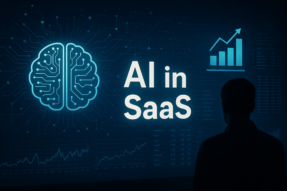 Ultra-realistic image showing a silhouetted person observing a digital screen with the text "AI in SaaS," a glowing brain-shaped AI icon, data charts, graphs, and rising bar analytics, symbolizing artificial intelligence integration in Software as a Service platforms.