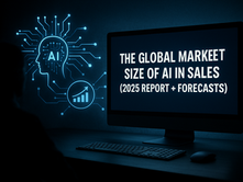 Ultra-realistic digital image of a faceless silhouette viewing a glowing computer screen displaying 'The Global Market Size of AI in Sales (2025 Report + Forecasts)' with AI and sales growth icons in a high-tech, blue-lit workspace. Ideal visual for blogs on AI market growth in sales.