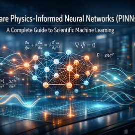 PINNs hero image: neural network, physics equations, waveforms, supercomputer lab.