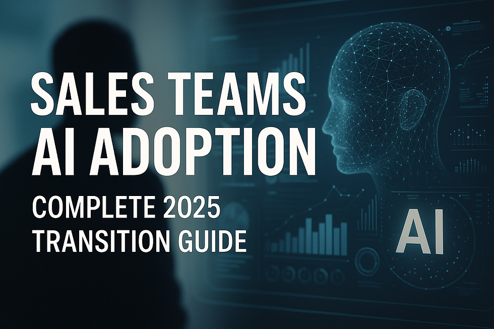 Ultra-realistic digital graphic cover for 'Sales Teams AI Adoption: Complete 2025 Transition Guide' featuring a silhouetted figure facing a glowing AI interface with data charts and a wireframe human head, symbolizing artificial intelligence integration in modern sales teams.