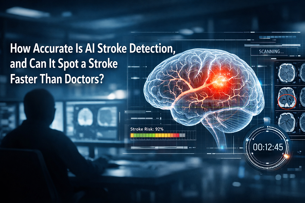 AI stroke detection header with glowing 3D brain and CT scans.