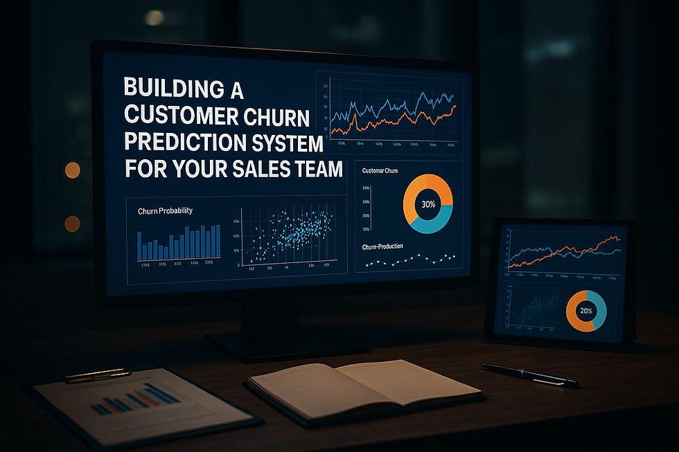 Ultra-realistic office scene showing a computer monitor displaying churn prediction dashboards with graphs and charts titled “Building a Customer Churn Prediction System for Your Sales Team,” ideal for illustrating machine learning in sales analytics.