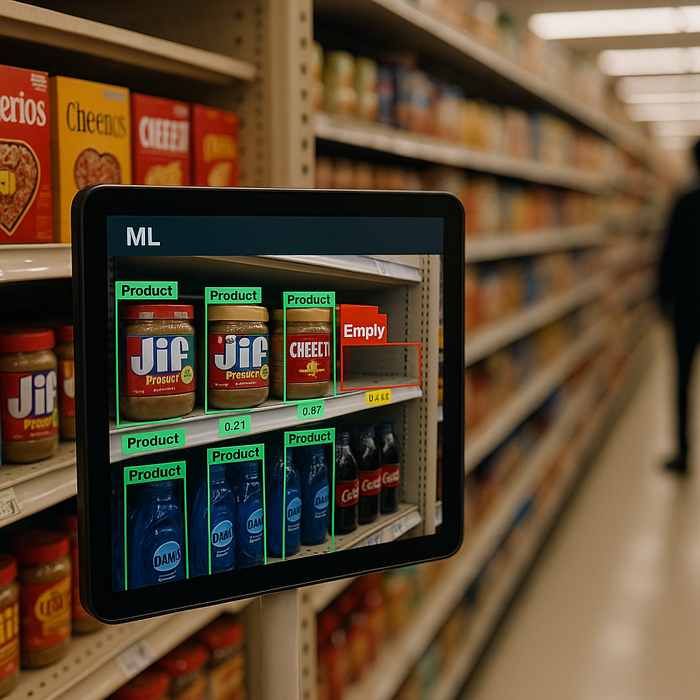 Ultra-realistic image of a supermarket shelf monitored by machine learning, showing a tablet with real-time product detection labels for items like peanut butter, soda, and cereal, highlighting stock levels and shelf gaps for in-store product placement optimization.
