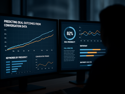 Dual-monitor setup displaying AI-driven sales analytics for predicting deal outcomes from conversation data, with charts on sentiment, keyword frequency, and deal probability; faceless silhouetted figure analyzing real-time conversation intelligence insights in a dark office.