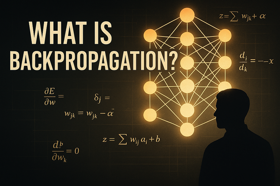 Ultra-realistic digital illustration of backpropagation in AI, showing a glowing neural network with mathematical equations on a dark grid background. A silhouetted human figure faces the network, symbolizing AI learning and gradient descent. Includes visible formulas and the text 'What is Backpropagation?' for educational and AI training content.