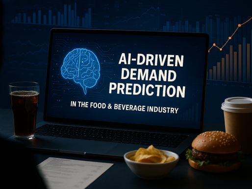 Ultra-realistic image of a laptop screen displaying 'AI-Driven Demand Prediction in the Food & Beverage Industry' with digital brain graphics and analytical charts in the background. The foreground includes a bowl of potato chips, a hamburger, a glass of soda, and a coffee cup, symbolizing food data analytics. A silhouetted human figure sits in front, representing AI-assisted decision-making in F&B.