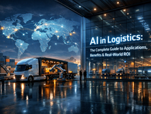 AI logistics hub with autonomous trucks and global data map.