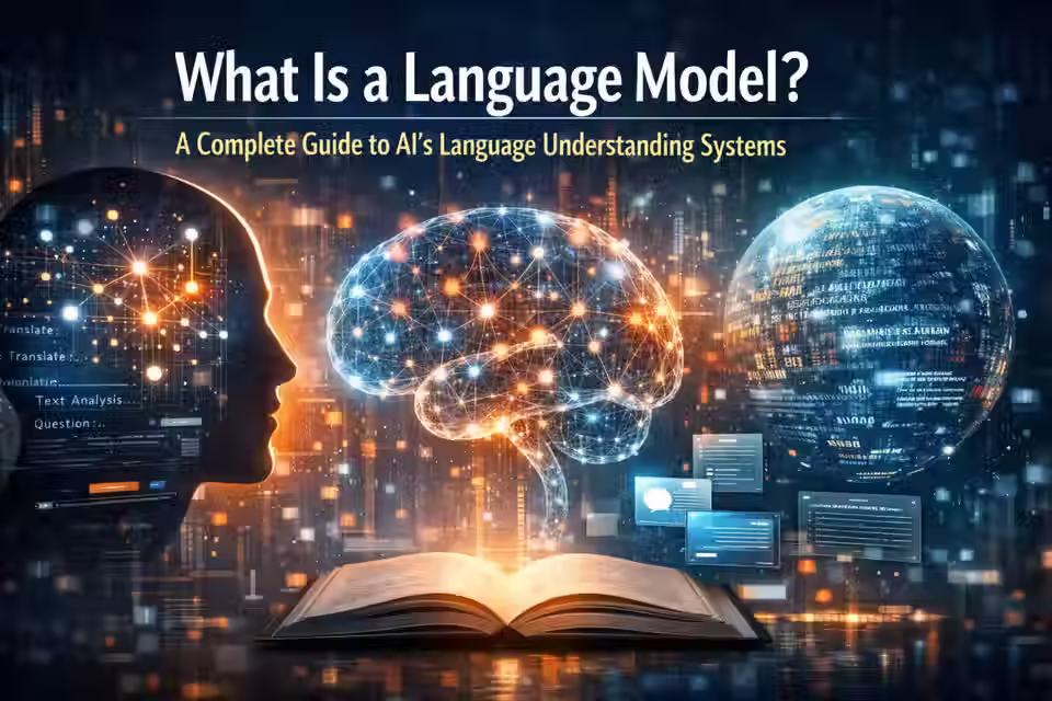 AI language model illustration with glowing neural brain, data sphere, open book, and article title displayed.