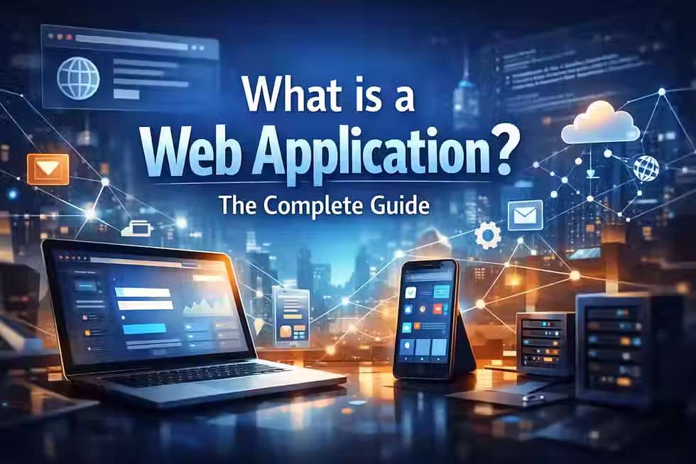 Ultra-realistic “What is a Web Application? The Complete Guide” banner with laptop, smartphone, and web app icons.