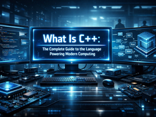 Futuristic C++ workstation with blue code and the title “What Is C++: The Complete Guide to the Language Powering Modern Computing”.