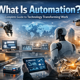 Ultra-realistic automation banner with industrial robots, AI dashboard, and smart logistics.
