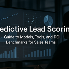 Ultra realistic image of a silhouetted sales professional analyzing predictive lead scoring data on a computer screen, displaying bar charts, line graphs, scatter plot, and pie chart in a modern office environment at night — representing AI-powered lead scoring, sales analytics, and machine learning tools for sales optimization.