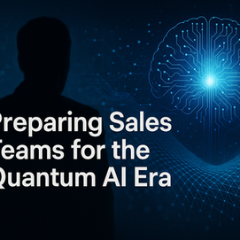 Ultra-realistic image showing a silhouetted sales professional facing a glowing blue digital brain with quantum AI circuitry and neural network patterns, representing the future of sales in the Quantum AI era. Futuristic grid lines and data waves symbolize advanced technology integration and digital transformation.
