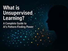 Silhouetted human head with glowing neural network nodes symbolizing AI pattern recognition, titled 'What is Unsupervised Learning? A Complete Guide to AI's Pattern-Finding Power' — visual representation of clustering and unsupervised machine learning concepts in data science and artificial intelligence (AI) for 2025 guide.