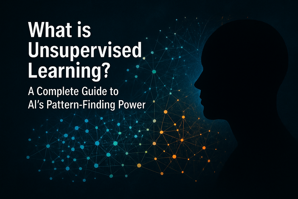 Silhouetted human head with glowing neural network nodes symbolizing AI pattern recognition, titled 'What is Unsupervised Learning? A Complete Guide to AI's Pattern-Finding Power' — visual representation of clustering and unsupervised machine learning concepts in data science and artificial intelligence (AI) for 2025 guide.