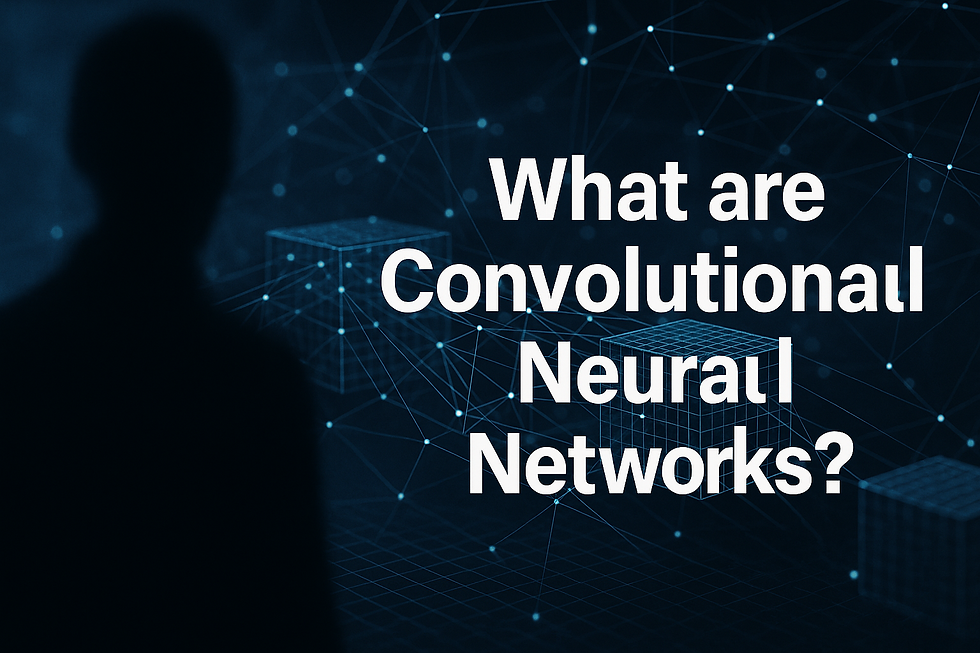 Ultra-realistic digital image showing the question “What are Convolutional Neural Networks?” in bold white text over a dark tech-themed background, featuring a faceless silhouette observing 3D wireframe neural network structures with glowing blue nodes and connections—representing CNN architecture in AI and deep learning.