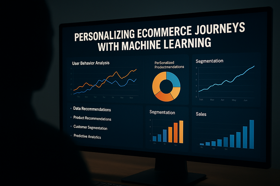 Ultra-realistic image of a silhouetted person viewing an ecommerce analytics dashboard on a widescreen monitor, showcasing machine learning data visualizations including user behavior analysis, personalized product recommendations, customer segmentation, and sales performance graphs. Text on screen highlights "Personalizing Ecommerce Journeys with Machine Learning". Designed for topics on AI in ecommerce personalization and ML-powered sales optimization.