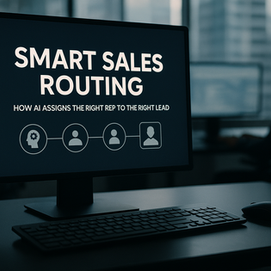 Ultra-realistic image of a modern office with a desktop monitor displaying "Smart Sales Routing: How AI Assigns the Right Rep to the Right Lead," symbolizing AI-powered lead assignment in sales. Silhouetted workers in the background reflect a professional, tech-driven sales environment.