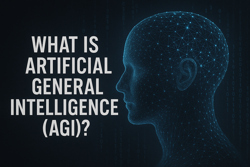 Digital illustration of Artificial General Intelligence (AGI) concept showing a glowing wireframe human head made of blue neural network nodes next to bold white text 'What is Artificial General Intelligence (AGI)?' on a dark tech background with binary code.