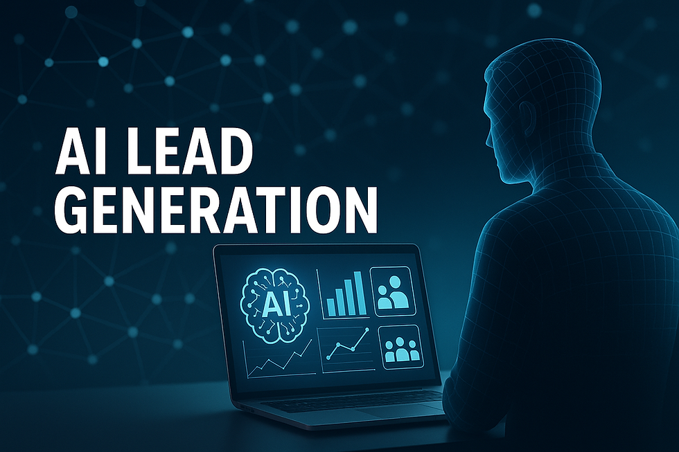 Ultra-realistic 3D scene: faceless silhouette reviews laptop dashboards showing AI lead generation, predictive lead scoring, and sales pipeline ROI.