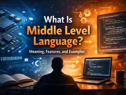 Middle level language blog banner with circuit board, code screens, and title text.