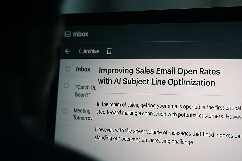 Ultra-realistic close-up of a computer screen displaying a sales email with the subject line 'Improving Sales Email Open Rates with AI Subject Line Optimization', viewed in a dimly lit room with a silhouetted figure in the foreground, highlighting AI-driven email marketing strategy.