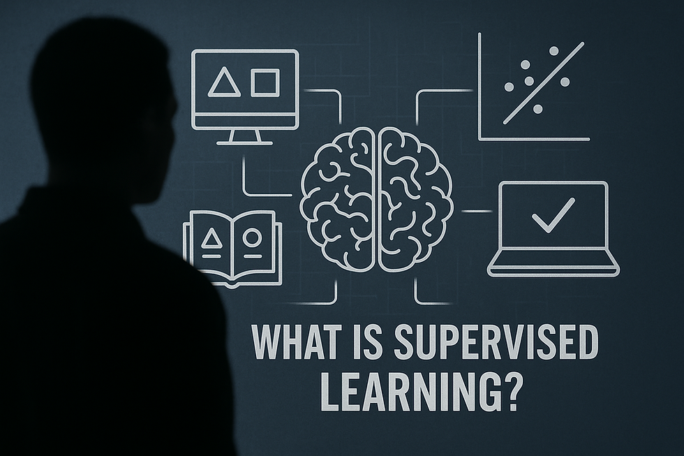 Ultra-realistic illustration of supervised learning concept featuring a silhouetted human observing a digital brain connected to icons of labeled data, scatter plots, checkmarks, and learning materials on a dark tech-themed background with the title 'What Is Supervised Learning?'