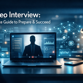 AI video interview guide hero image with laptop and holographic AI analytics in blue/teal.
