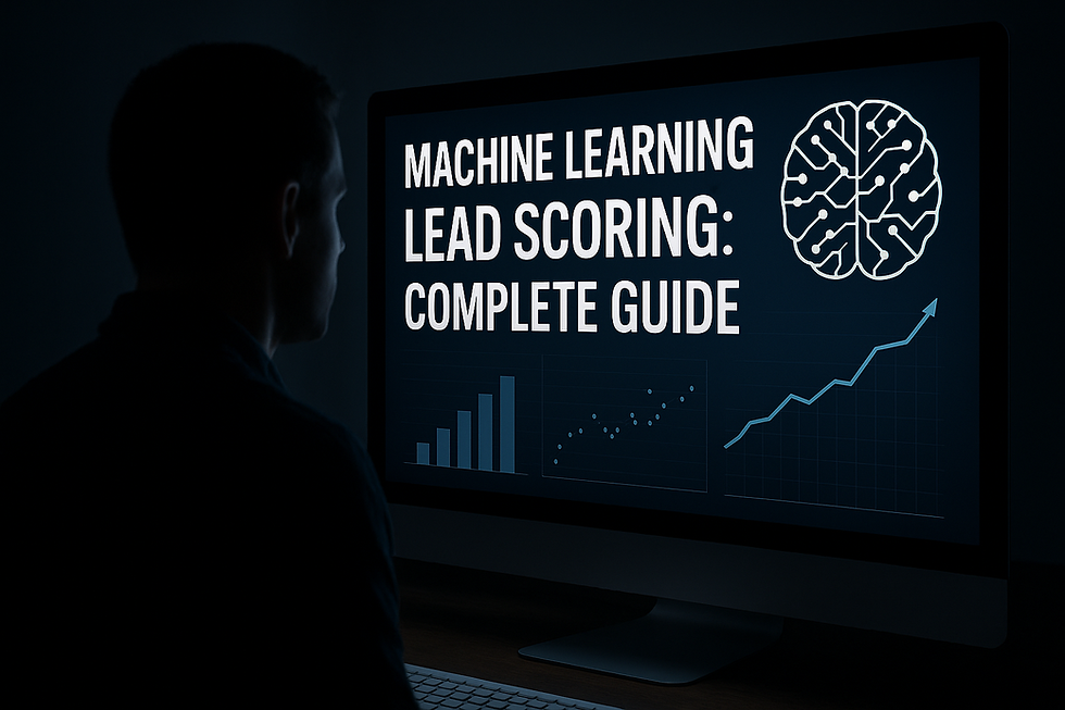 Silhouetted man viewing a dark-themed computer screen displaying 'Machine Learning Lead Scoring: Complete Guide' with neural network icon and data visualizations including bar chart, scatter plot, and upward trend graph — representing AI-driven B2B sales optimization.