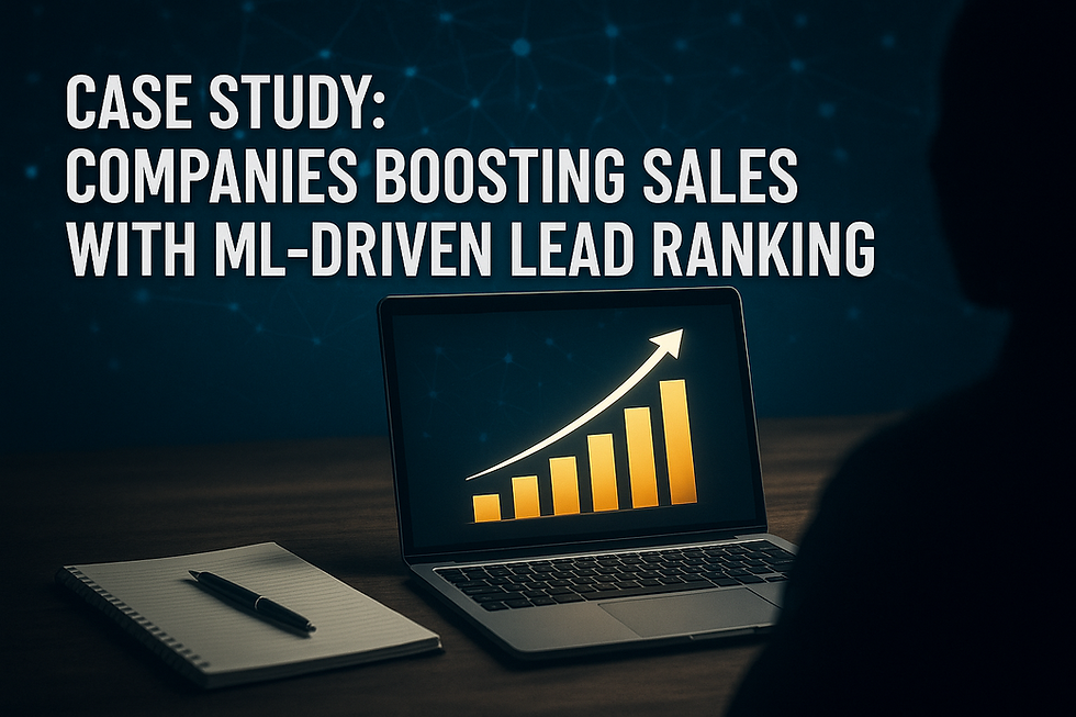 Ultra-realistic image of a laptop displaying a glowing upward sales graph on screen, symbolizing ML-driven lead ranking in sales, with a silhouetted figure in the background and neural network patterns behind.