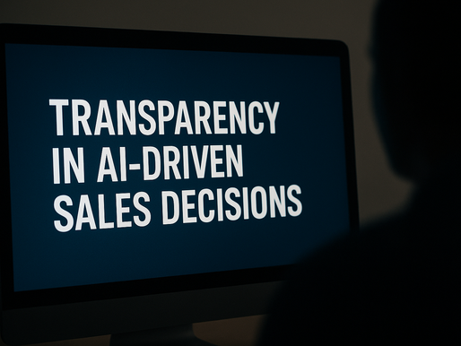 Computer screen displaying the phrase 'Transparency in AI-Driven Sales Decisions' in bold white text, with a faceless silhouetted figure in the foreground, symbolizing ethical concerns and accountability in AI-powered sales systems