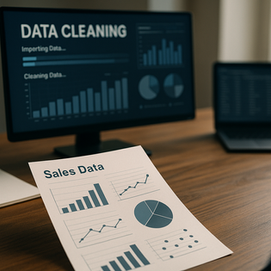Ultra-realistic workspace setup showing a printed sales data report with bar charts and pie graphs on a wooden desk, next to a pen and notebook, with two monitors displaying "Data Cleaning" dashboards and spreadsheet data; a silhouetted, faceless person sits in front, representing secure and anonymous sales data analysis for machine learning.