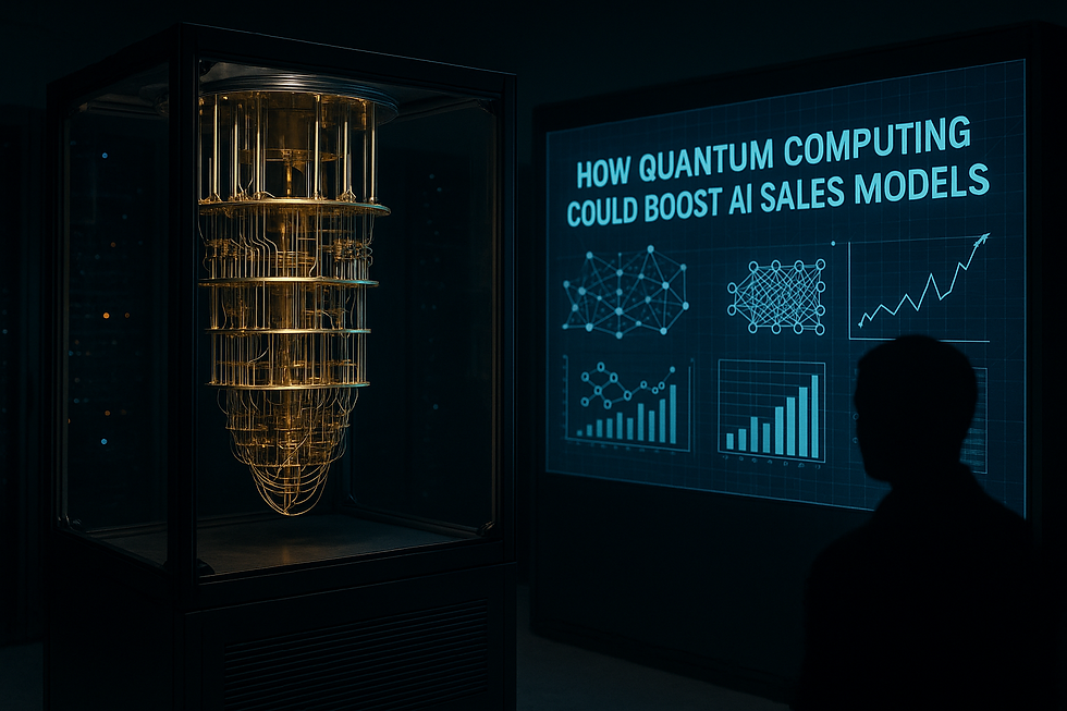 Ultra-realistic image of a quantum computer in a glass chamber beside a digital screen displaying AI sales model data, charts, and graphs, with a silhouetted figure observing in a high-tech data center environment.