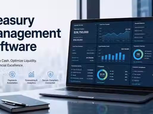 Treasury management software dashboard with cash flow and liquidity analytics.