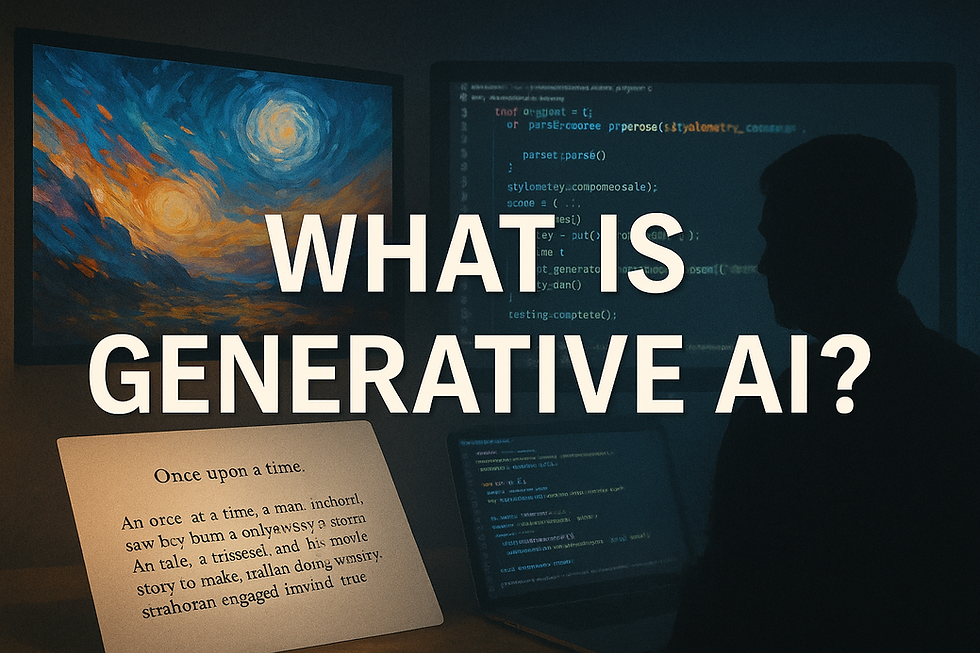 Ultra-realistic digital image titled "What is Generative AI?" featuring a silhouetted human figure in front of a screen displaying colorful AI code, with a Van Gogh-style abstract painting on one side and a computer-generated storybook text on the other—visually representing AI's ability to generate text, images, and code from learned patterns. Perfect for blogs about generative AI, machine learning, and content-creating algorithms.
