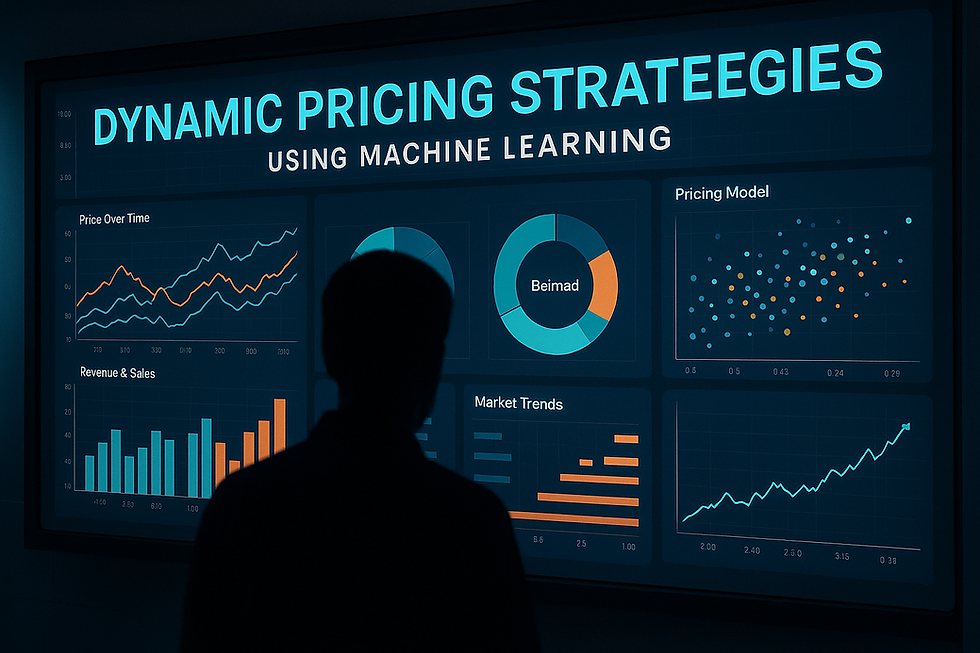 Silhouetted person analyzing a futuristic dynamic pricing dashboard powered by machine learning, displaying charts for revenue, pricing models, market trends, and real-time data analytics in a dark tech environment.