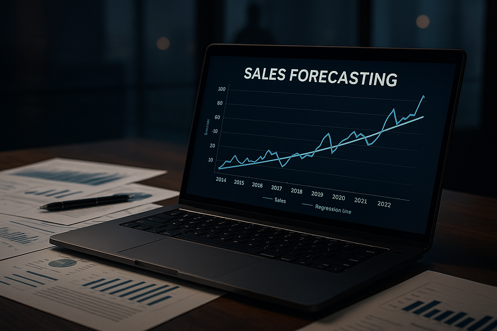 Ultra-realistic image of a laptop on a wooden desk displaying a sales forecasting graph with financial reports and charts, showcasing historical sales data trends for future predictions in a modern office setting.