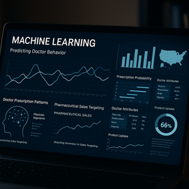 Ultra-realistic laptop screen displaying machine learning dashboard for pharmaceutical sales, featuring doctor behavior prediction graphs, prescription probability charts, and targeting analytics, used to optimize pharma rep outreach strategies.