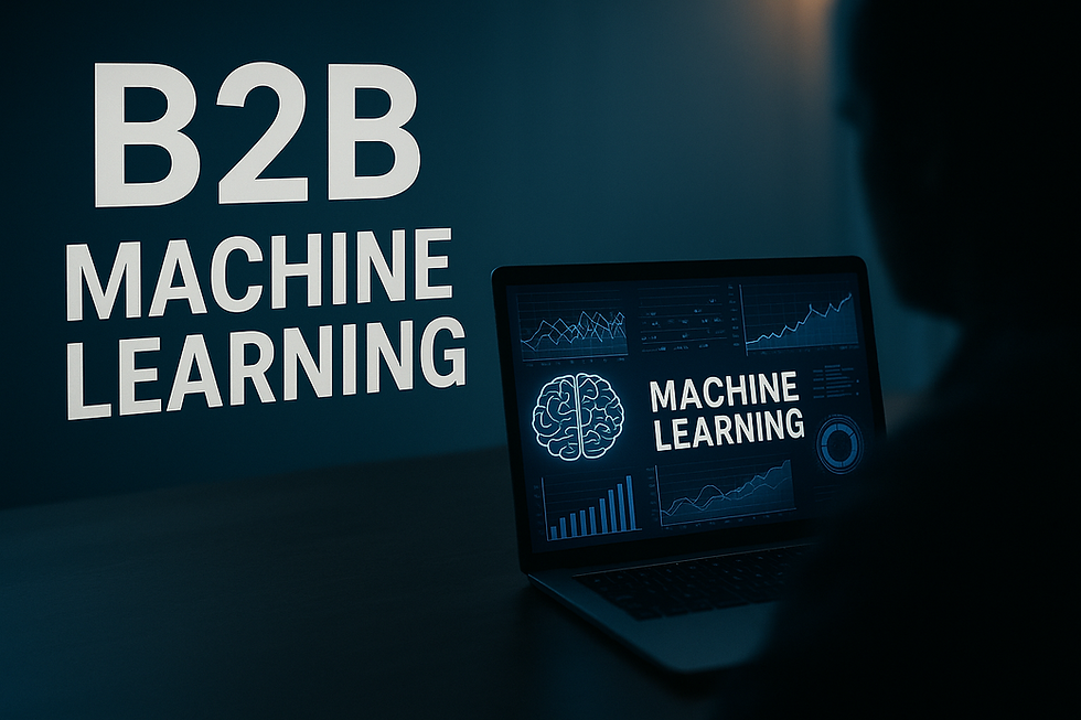 Ultra-realistic image showing a laptop displaying machine learning data visualizations in a dimly lit office, with bold "B2B Machine Learning" text on the wall and a silhouetted person observing the screen.