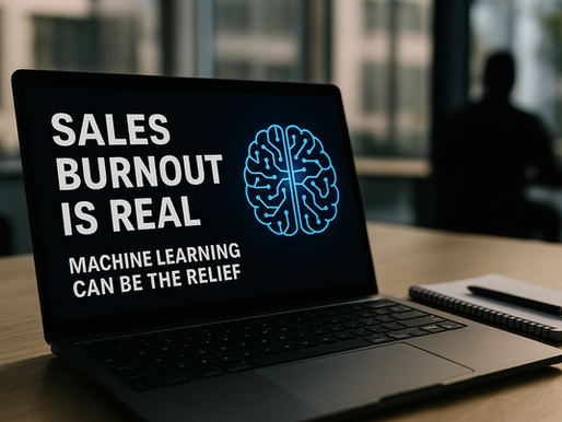 Ultra realistic image of a modern office desk with a laptop displaying the message 'Sales Burnout Is Real. Machine Learning Can Be the Relief' alongside a digital brain graphic, emphasizing AI-driven solutions for reducing sales fatigue; a silhouetted figure sits blurred in the background to depict workplace stress without showing identity.