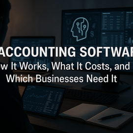 AI accounting software guide banner with AI finance dashboard and charts.