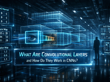 Futuristic CNN convolutional layers banner with glowing kernels and feature maps.