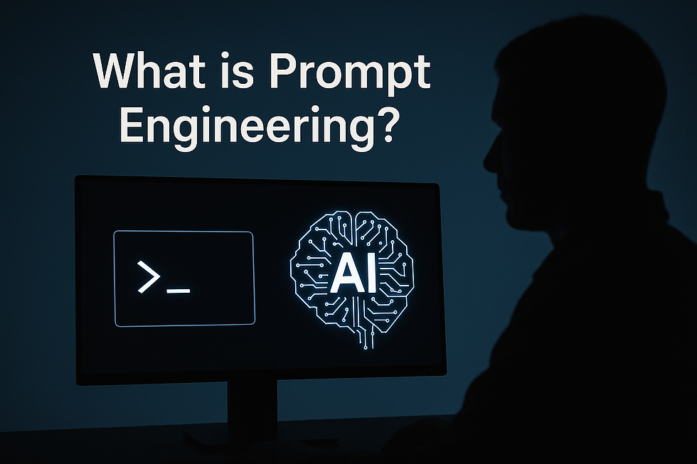Ultra realistic image of a silhouetted person facing a computer screen displaying the text “What is Prompt Engineering?” with digital icons of a command prompt and an AI brain graphic, symbolizing prompt engineering in artificial intelligence.