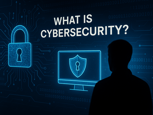 Ultra-realistic digital illustration showing a silhouetted figure facing a glowing screen with a shield icon, a large padlock symbol, and the bold text "What is Cybersecurity?"—representing cybersecurity protection, data privacy, and digital defense against cyber threats.
