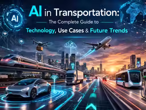 AI in transportation cover with autonomous car, electric bus, drone, train and airplane in a smart city.