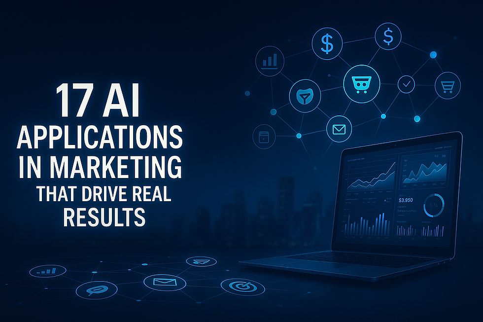 17 AI applications in marketing that drive real results—futuristic analytics dashboard and connected network icons